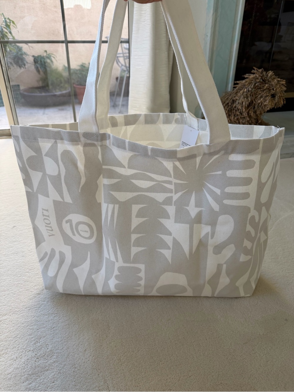 Vuori Cream and White Patterned Canvas Tote